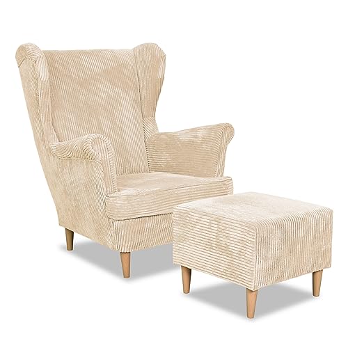 Family Meble Ohrensessel Cord mit Hocker, Modell Bonito, Skandinavisch, Relaxsessel aus Webstoff, Loungesessel, Sessel mit Fußstütze, Bequemer Sessel, Für Wohnzimmer, Esszimmer, Schlafzimmer, Beige von Family Meble