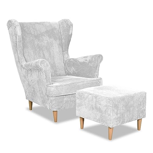 Family Meble Ohrensessel Cord mit Hocker, Modell Bonito, Skandinavisch, Relaxsessel aus Webstoff, Loungesessel, Sessel mit Fußstütze, Bequemer Sessel, Für Wohnzimmer, Esszimmer, Schlafzimmer, Hellgrau von Family Meble
