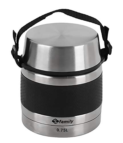 FAMILY Thermoskanne aus Edelstahl, isolierter Behälter für Feststoffe und Flüssigkeiten, mit Innenbehälter für Suppen, Saucen oder Salat (schwarz, 0,75 l) von FAMILY