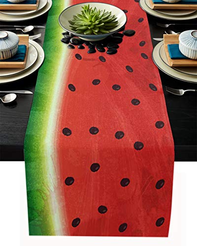FAMILYDECOR Tischläufer aus Leinen, 33 x 178 cm, Aquarellgemälde mit roter Wassermelone, für Feiertage, Esszimmer, Küche, Hochzeitsdekorationen von FAMILYDECOR