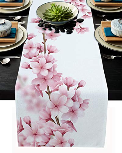 FAMILYDECOR Tischläufer aus Leinen, 33 x 178 cm, handgezeichneter rosa Kirschblüten-Bauernhaus-Tischläufer für Urlaubspartys, Esszimmer, Küche, Hochzeitsdekorationen von FAMILYDECOR