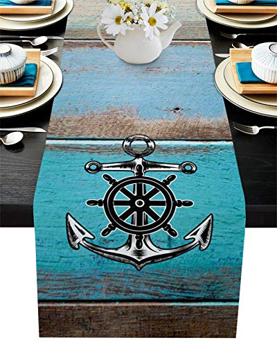 FAMILYDECOR Tischläufer aus Leinen, 33 x 178 cm, nautischer Anker auf blauem Scheunenholz, für Feiertage, Esszimmer, Küche, Hochzeitsdekorationen von FAMILYDECOR