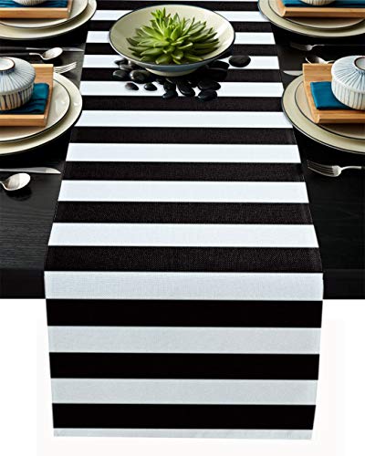 FAMILYDECOR Tischläufer aus Leinen, 33 x 228 cm, schwarz und weiß gestreift, Landhaus-Tischläufer für Feiertage, Esszimmer, Küche, Hochzeitsdekorationen von FAMILYDECOR