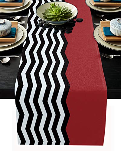 FAMILYDECOR Tischläufer aus Leinen, 33 x 274 cm, rot schwarz und weiß gestreift, Landhaus-Tischläufer für Feiertage, Esszimmer, Küche, Hochzeitsdekorationen von FAMILYDECOR