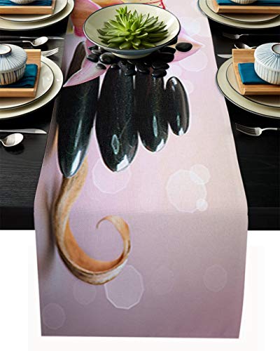 FAMILYDECOR Tischläufer aus Leinen, 33 x 308 cm, rosa Blumen und schwarze heiße Quellsteine, Bauernhaus-Tischläufer für Feiertage, Esszimmer, Küche, Hochzeitsdekorationen von FAMILYDECOR