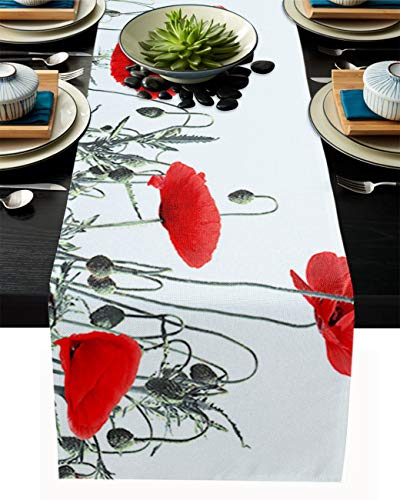 FAMILYDECOR Tischläufer aus Leinen, 33 x 308 cm, rote Mohnblumen, Wildblumen, Bauernhaus-Tischläufer für Feiertage, Esszimmer, Küche, Hochzeitsdekorationen von FAMILYDECOR