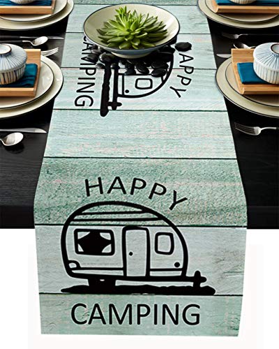 FAMILYDECOR Tischläufer aus Leinen, 33 x 91,4 cm, Happy Camping Bus, Retro-Scheune, Holz, Grün, Landhaus-Tischläufer, rutschfest, für Feiertage, Esszimmer, Küche, Hochzeitsdekorationen von FAMILYDECOR