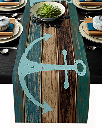 FAMILYDECOR Tischläufer aus Leinen, 35,6 x 183,9 cm, blauer Anker mit Vintage-Holzbrett, Farmhouse-Tischläufer für Urlaubspartys, Esszimmer, Küche, Hochzeitsdekorationen von FAMILYDECOR