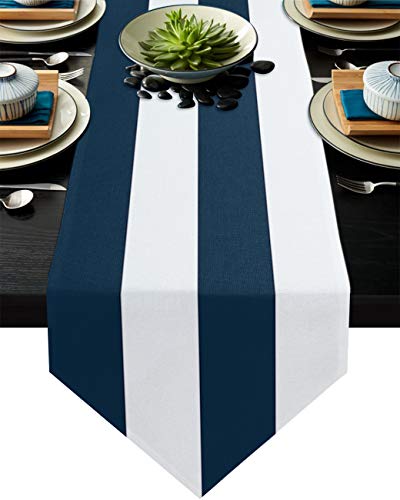 FAMILYDECOR Tischläufer aus Leinen, 40,6 x 183,9 cm, marineblau und weiß gestreift, Landhaus-Tischläufer für Feiertage, Esszimmer, Küche, Hochzeitsdekorationen von FAMILYDECOR
