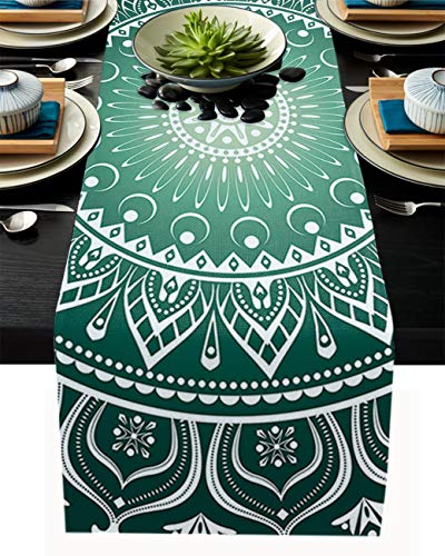 FAMILYDECOR Tischläufer aus Leinen, 45,7 x 183,9 cm, indisches Mandala-Design, grün, Landhaus-Tischläufer für Feiertage, Esszimmer, Küche, Hochzeitsdekorationen von FAMILYDECOR