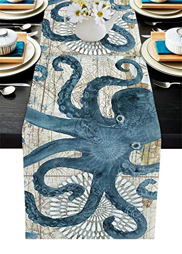 FAMILYDECOR Tischläufer aus Leinen, 45,7 x 183,9 cm, maritimes Tiermotiv, Oktopus, Bauernhaus, Tischläufer für Urlaubspartys, Esszimmer, Küche, Hochzeitsdekorationen von FAMILYDECOR