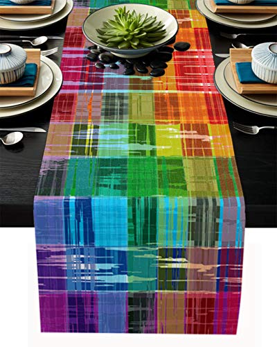 Tischläufer aus Leinen, 33 x 178 cm, abstrakter Regenbogenfarben-Schottenmuster, Landhaus-Tischläufer für Feiertage, Esszimmer, Küche, Hochzeitsdekorationen von FAMILYDECOR