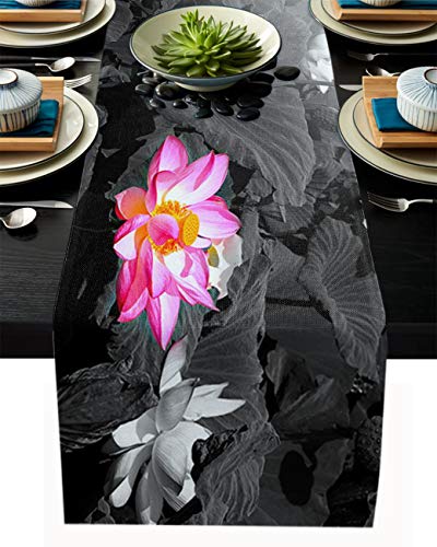 Tischläufer aus Leinen, 33 x 308 cm, natürliche schwarze und weiße Blumen und rosa Lotus, Bauernhaus-Tischläufer für Feiertage, Esszimmer, Küche, Hochzeitsdekorationen von FAMILYDECOR
