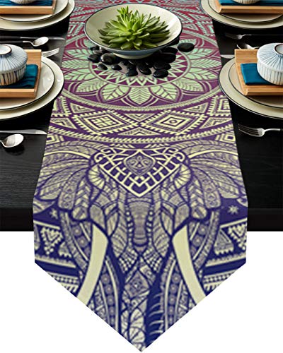 Tischläufer aus Leinen, 40,6 x 182,9 cm, Mandala-Elefant, indisches Boho-/Boho-/Hippie-Design, Bauernhaus-Tischläufer für Feiertage, Esszimmer, Küche, Hochzeitsdekorationen von FAMILYDECOR