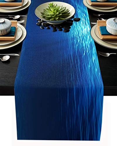 Tischläufer aus Leinen, 45,7 x 182,9 cm, Farbverlauf blaue Textur, Blick auf das Meer, Unterwasser-Farmhaus, Tischläufer für Urlaubspartys, Esszimmer, Küche, Hochzeitsdekorationen von FAMILYDECOR