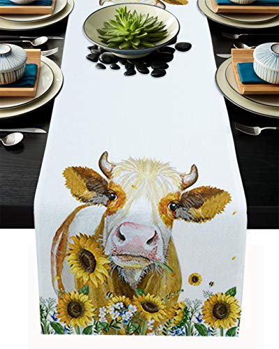 Tischläufer aus Leinen, 45,7 x 183,9 cm, Kuh mit Sonnenblumen-Motiv, Kunst, Bauernhof, Tischläufer, für Feiertage, Esszimmer, Küche, Hochzeitsdekorationen von FAMILYDECOR