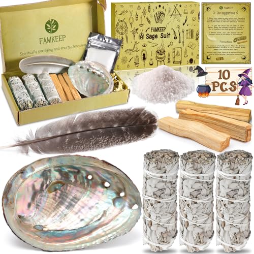 FAMKEEP Räucherset,Salbei Räuchern,Weißer Salbeis Zum Räuchern 3 Bündel,3 Wurzeln Palo Santo,Abalone-Muschel, Salbei Räuchern zur Energetischen Reinigung,Beseitigt Negative Energien von FAMKEEP