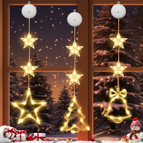 FAMKEEP Weihnachtsbeleuchtung 3 Stück Weihnachtsdeko Fenster Beleuchtet,Lichterkette mit Saugnäpfe, Fenster Beleuchtet Stern Hängeleuchten Vorhang Lichter Fensterbeleuchtung von FAMKEEP
