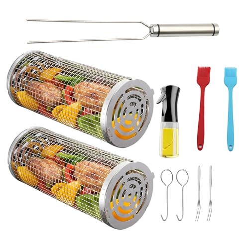 2 Stück Rolling Grilling Basket,Rollende Grillkörbe für den Außenbereich,Tragbare Outdoor Camping BBQ Net Tube,mit Pinsel,Gabel,Haken,Ölsprühmaschine von FAMKIT