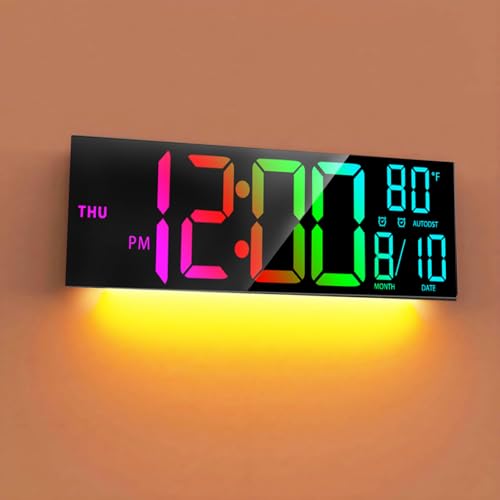 Digitale Wanduhr LED Groß Display,16",Digitaluhr mit 8 Farbwechsel,Datums-/Uhrzeit-/Temperaturanzeige,Dual-Alarm,automatisches Dimmen,für Wohnzimmer Küche Büro Gym,Einfach zu Lesen von FAMKIT