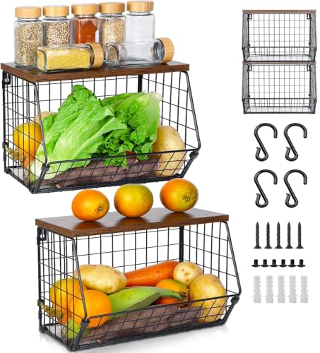 FAMKIT Obstkorb Hängend, Obstschale Hängekorb Küche,Metall Obstregal Fruit Stand,Stapelbarer Obstkorb,mit Holzdeckel,für Gemüse, Obst Und Snack (2 Stück) von FAMKIT
