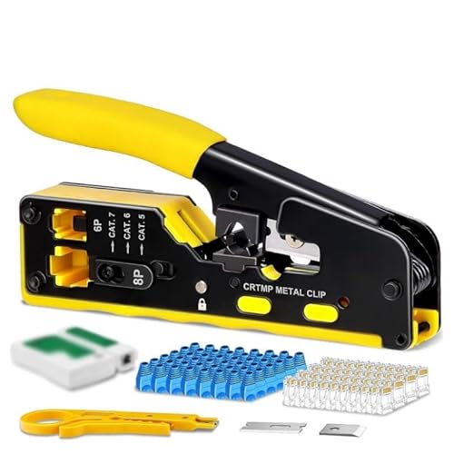 Netzwerk Werkzeug Set,RJ45 Crimpzange Set,RJ45 Reparaturwerkzeuge,Pass-Through-Ethernet-Crimpwerkzeug,mit Durchgangssteckern, Steckerabdeckungen, Abisolierzange, Zange, Netzwerkkabeltester von FAMKIT
