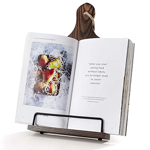 Kochbuchständer, rustikaler Holz-Kochbuchhalter, Schneidebrett-Stil, verstellbarer Rezept-iPad-Tablet-Buchhalter und Ständer für die Küche mit rutschfestem Ständer (dunkelbraun) von FANATU