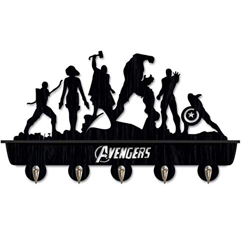 Awesome Avengers Superheroes Wand-Holzschlüssel-Hakenhaken-Garderobe, Bauernhaus-Garderobe und oberes Regal zur Aufbewahrung ， mit 5 robusten Vintage-Metallhaken von FANCYLIFE