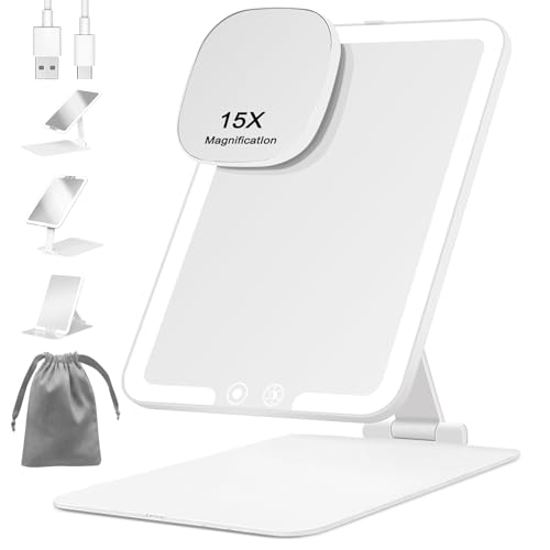 FANCYSEEU Wiederaufladbar 1500mAh Kosmetikspiegel mit Beleuchtetung, 15X Mini Vergrößerungspiegel mit 3 Farben Dimmbarer Faltbar Schminkspiegel, Ultraschlank Tragbarer Reisespiegel (Weiß) von FANCYSEEU