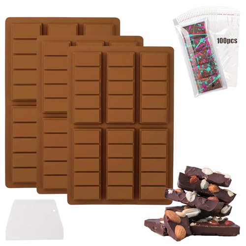 3 Stück Schokoladenform aus Silikon,Dubai-Schokoladentafelform mit 1 Schaber und 100 Beuteln, Silicone Mould Chocolate Bar for Filling Knafeh Pistachio Chocolate Bars (3 Pcs-Rechteckig) von FANGCCC