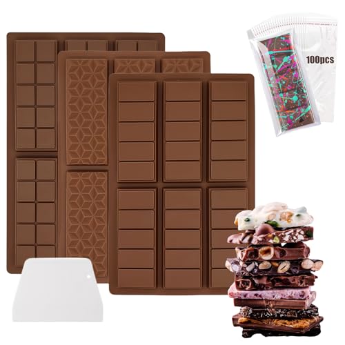 3 Stück Schokoladenform aus Silikon,Dubai-Schokoladentafelform mit 1 Schaber und 100 Beuteln, Silicone Mould Chocolate Bar for Filling Knafeh Pistachio Chocolate Bars (3 Pcs-drei Stile) von FANGCCC