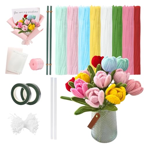 400 Stück Pfeifenputzer zum Basteln Blumen, Pfeifenreiniger Blumen DIY Chenilledraht Bunt Pfeifenreiniger zum Basteln Set mit Grüne Blütenstiele, Staubgefäße, Klebeband, Klebestift, Geschenkpapier von FANGCCC