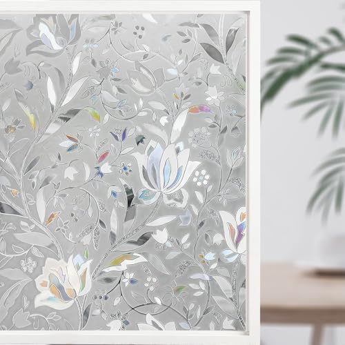 Fensterfolie Blickdicht Selbsthaftend, Statisch Haftend Fenster Tulpen, 3D Regenbogen Sichtschutzfolie Fenster, 90 × 200cm ohne Klebstoff Folie Anti-UV Sonnenschutzfolie für Büro Küche Wohnzimmer von FANGCCC