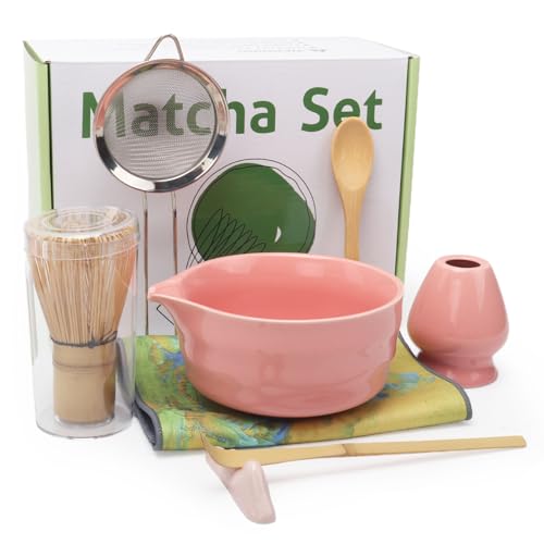 Matcha Set, traditionelles rosa Matcha-Set mit Matcha-Schneebesen, Schneebesenhalter, Schüssel, Schaufel, Schaufelablage, Pulversieb, Teelöffel und Tuch Matcha-Tee-Set für Matcha-Liebhaber Matcha Set, traditionelles rosa Matcha-Set mit Matcha-Schneebesen, Schneebesenhalter, Schüssel, Schaufel, Schaufelablage, Pulversieb, Teelöffel und Tuch Matcha-Tee-Set für Matcha-Liebhaber von FANGCCC