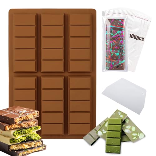 Schokoladenform Silikon Tief 6 Tafeln Schokoladenform Set mit 1 Schaber und 100PCS Tasche Antihaftbeschichtung Schokolade Form Schokoladen Form für DIY DubaiSchokolade, Praline Süßigkeiten von FANGCCC