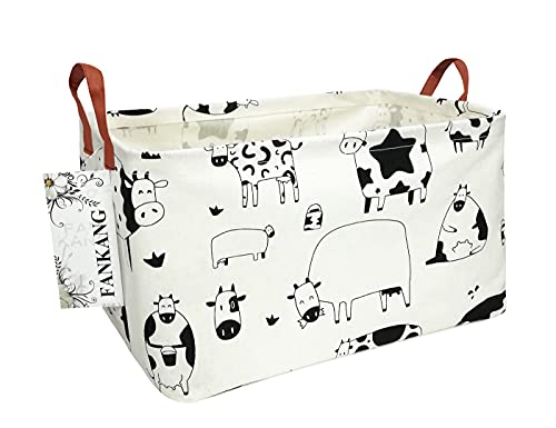 FANKANG Aufbewahrungskorb, Wäschekorb aus Segeltuch, faltbar, mit wasserdichter PE-Beschichtung, für Büro, Schlafzimmer, Kleidung, Spielzeug (L, Rec-Cows) von FANKANG