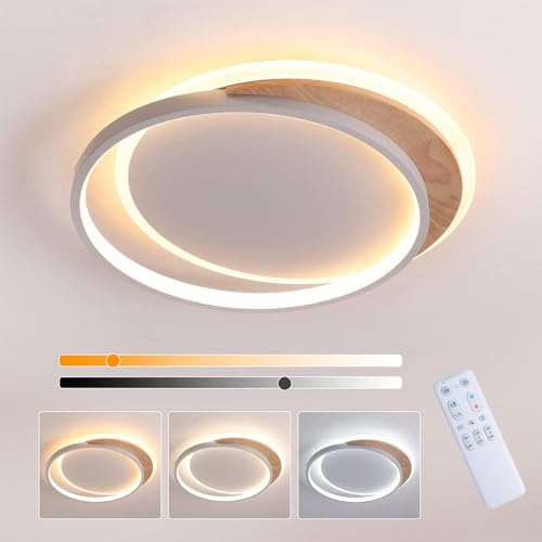 FANLG LED Deckenlampe Wohnzimmer, 30W 50cm LED Deckenleuchte Dimmbar mit Fernbedienung Holz Rund Deckenlampe Schlafzimmerlampe, Modern Deckenleuchte für Wohnzimmer Schlafzimmer küche Kinderzimmer von FANLG