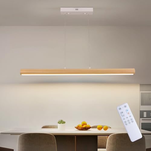 FANLG LED Pendelleuchte Holz, 90CM dimmbare Hängeleuchte Esstisch mit Fernbedienung, Esstischlampe moderne Hängelampe höhenverstellbar, 15W 1400lm Pendelleuchte für Esszimmer|Wohnzimmer|Küche von FANLG