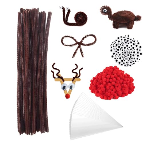 FANNITE 500 Stück Pfeifenputzer Braun Set, Pfeifenreiniger zum Basteln, Rote Pom Poms,Selbstklebend Bastelaugen, Süßigkeiten Tüten Transparent,Für DIY Weihnachten Handgemacht von FANNITE