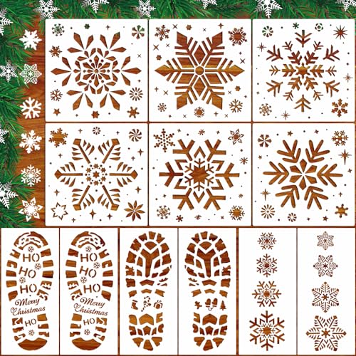 FANOST 12 Stück Weihnachtsschneeflocken Fußabdrücke Schablonen groß, 4 Stück Weihnachtsmann Fußabdruck Schablone + 8 Stück Weihnachten Schneeflocke Schablone Vorlage zum Malen auf von FANOST