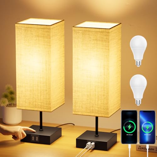 FANSANMY Nachttischlampe 2er set, Nachttischlampe Touch Dimmbar mit 2 USB-Schnellladeanschlüssen, 3 Farbtemperaturen und Stufenloser Dimmung, 2 E27 6W Glühbirnen für Schlafzimmer, Wohnzimmer, Büro FANSANMY Nachttischlampe 2er set, Nachttischlampe Touch Dimmbar mit 2 USB-Schnellladeanschlüssen, 3 Farbtemperaturen und Stufenloser Dimmung, 2 E27 6W Glühbirnen für Schlafzimmer, Wohnzimmer, Büro von FANSANMY