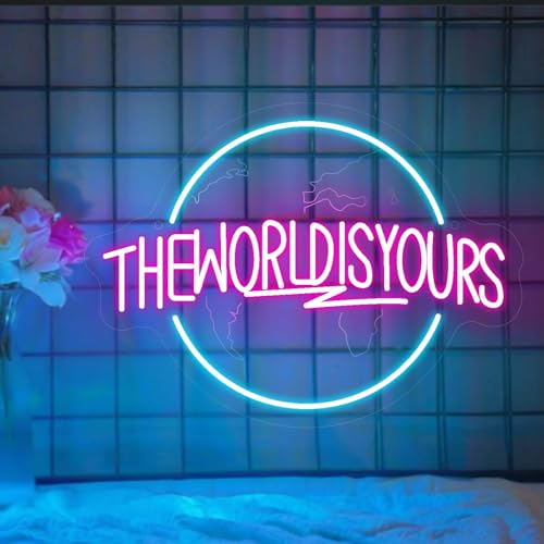 The World Is Yours Neon Schild, LED Eisblau Rosa Planet Carving Neon Sign für Wand Deko, Dimmbare Neonlichter USB Power für Spielzimmer Schlafzimmer Bar Pub Home Mann Höhle von FANSIR