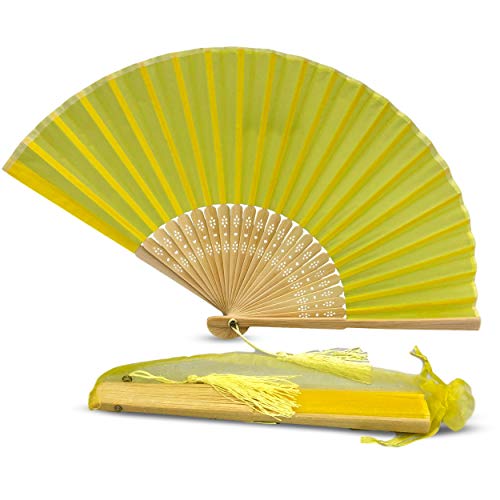 FANSOF.FANS Handfächer aus Stoff faltbar mit Quaste Bambusrippen der Güteklasse A für Frauen und Mädchen Sommerparty Event Gastgeschenk Geburtstag Hochzeit Souvenir Geschenk (Zitronengelb) von FANSOF.FANS