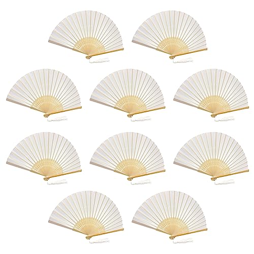 FANSOF.FANS Packung mit 10 Seide Stoff Fan mit einer Quaste Grade A Bambus Rippen Hochzeit Party Gefallen Handheld Fan (Weiß) von FANSOF.FANS