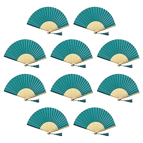 FANSOF.Fans Packung mit 10 Seide Stoff Fan mit Einer Quaste Grade A Bambus Rippen Hochzeit Party Gefallen Handheld Fan (Tiefer Himmel blau) von FANSOF.FANS
