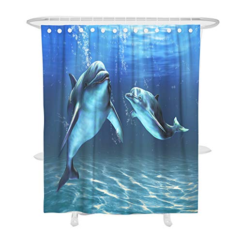 Duschvorhang Anti-Schimmel, Fansu 3D Drucken 100% Polyester Bad Vorhang Wasserdicht Anti-Bakteriell mit C-Form Kunststoff Haken mit 12 Ringe für Badzimmer (Blauer Delphin,90x180cm) von FANSU