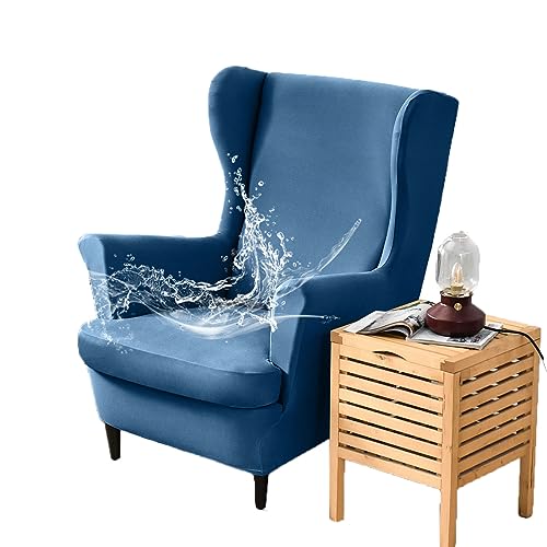 FANSU 2 Teilig Ohrensessel Überzug, Wasserdicht Einfarbig Universal Sessel-Überwürfe Ohrensessel Schonbezüge Bezug Sesselhusse Elastisch Stretch Tiger Stuhlbezug mit Armlehne (Blau) von FANSU