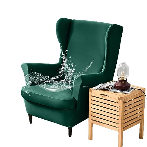 FANSU 2 Teilig Ohrensessel Überzug, Wasserdicht Einfarbig Universal Sessel-Überwürfe Ohrensessel Schonbezüge Bezug Sesselhusse Elastisch Stretch Tiger Stuhlbezug mit Armlehne (Dunkelgrün) von FANSU