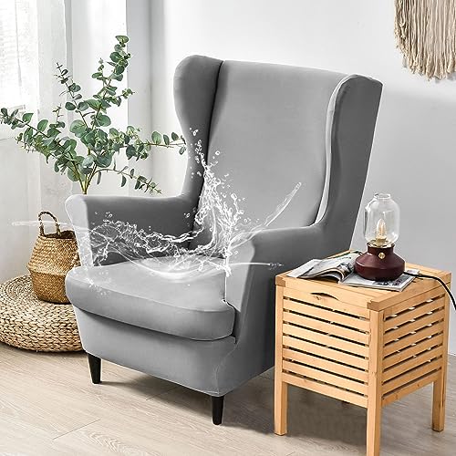FANSU 2 Teilig Ohrensessel Überzug, Wasserdicht Einfarbig Universal Sessel-Überwürfe Ohrensessel Schonbezüge Bezug Sesselhusse Elastisch Stretch Tiger Stuhlbezug mit Armlehne (Grau) von FANSU