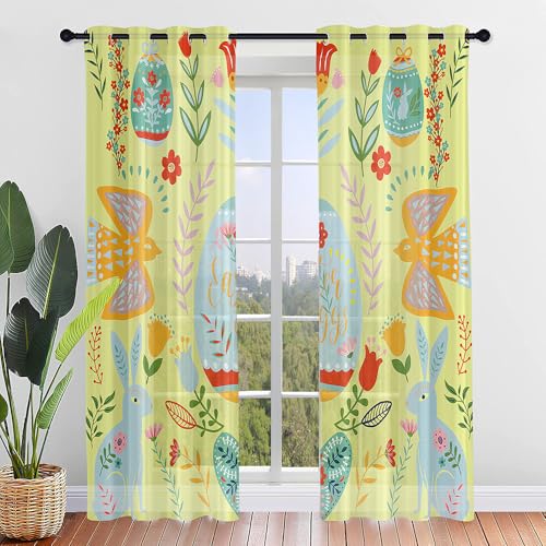 FANSU 2er Set Scheibengardinen Ostern Druck Halbtransparent Bistrogardine, Schlaufengardinen Gardinen Küche Türgardine für Kinderzimmer, Wohnzimmer (Gelb,132x160cm) von FANSU
